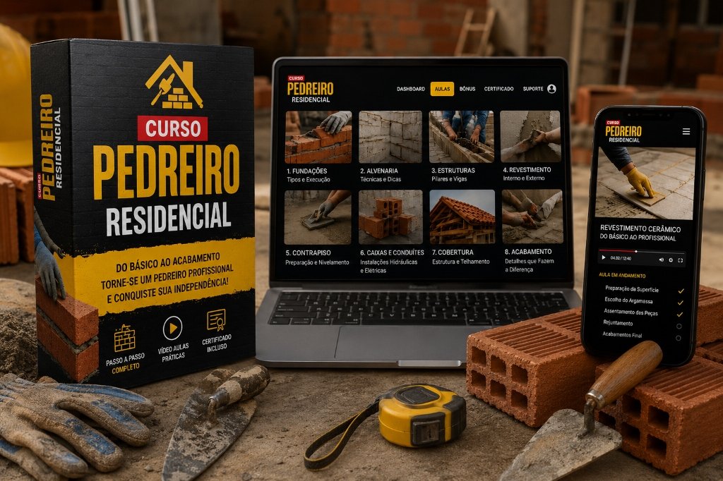 Curso Pedreiro Residencial em notebook, celular e caixa do produto
